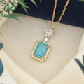 Rectangle sea blue stone necklace with white zircon pavé in golden finish - Cross Chain (XL123) / Sea Blue Ice (Gold Tone)