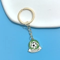 Golden soccer keychain with green enamel detail and soccer motif on a blue background - Round SOCCER Ball Ribbon Pendant (5#)