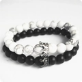 Ensemble de bracelets couronne pour couples en agate noire mate et turquoise blanche - Turquoise Blanche Mate avec Couronne Argentée