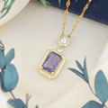 Elegant gold necklace featuring a rectangular purple gemstone with a white zircon halo pendant - Lips Chain (XL123) / Purple Ice (Gold Tone)