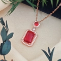 Rose gold necklace featuring a rectangular ruby-red zircon pendant with a halo setting - Cross Chain (XL123) / Red (Rose Gold Tone)