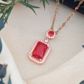 Rose gold necklace featuring a rectangular red gemstone with micro-pave zircon halo - Lips Chain (XL123) / Red (Rose Gold Tone)