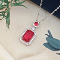 Elegant O-chain necklace featuring rectangular and round red ruby pendants with zircon stones - Cross Chain (XL123) / Red (Silver Tone)