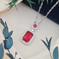 Elegant silver necklace with rectangle ruby pendant surrounded by micro-set cubic zirconia - Lips Chain (XL123) / Red (Silver Tone)