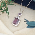 Silver pendant necklace featuring rectangular and round purple zircon stones with halo - Cross Chain (XL123) / Purple (Silver Tone)