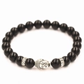 Pulsera de cuentas de lava con cabeza de Buda plateada y espaciadores de strass - Ágata negra