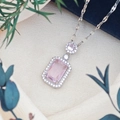 Elegant rectangle pink zircon pendant necklace with pavé crystal halo in silver finish - Lips Chain (XL123) / Pink (Silver Tone)