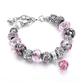 Bracciale stile europeo in argento con perline di vetro rosa e ciondoli in cristallo lucido - Rosa