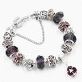 Silver snake chain bracelet with purple crystal beads and flower pendant charm - Purple