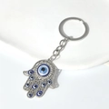 Porte-clés Main de Fatima en argent avec Oeil Bleu et décorations en cristaux - Anneau De Clé Main De Fatima Œil Bleu