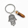 Porte-clés Main de Fatma avec cristal œil de tigre et anneau en métal argenté - Bracelet en pierre œil de tigre