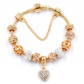 Golden snake chain charm bracelet with crystal heart pendant and hollow beads for women - Gold Full Pave Heart