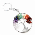 Colorful crystal tree of life keychain with silver wire wrap and natural gemstones - Antique Silver Style