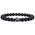 Bracelet de perles en pierre noire 8mm avec perle d'accent grise et séparateurs bois - Style Verre Noir et Labradorite Grise