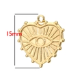 Gouden hartvormige hanger met boze oog en 15mm hoogtemeting op witte achtergrond - Boze Oog Hart (BXG147)