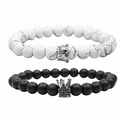 Kronen-Armband-Set für Paare mit matten Lavasteinen und weißen Marmorperlen aus Howlith - Weißer Türkis Krone 3
