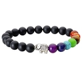 Detail view of black matte beaded bracelet with seven chakra stones and silver elephant charm - Matte Black