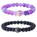 Pärchen-Armbänder Set mit lila Achat, matten schwarzen Perlen und Kronen-Anhängern - Lila Verwitterter Stein Roségold