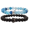 Detailansicht der Vulkanstein- und Achat-Kronenarmbänder mit mikro-eingesetzten Zirkonia - Blauer Verwitterter Stein Silber