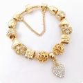 Golden snake chain charm bracelet with hollow heart beads and sparkling diamond heart pendant - Gold Gift Box Hollow Style