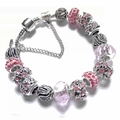 Bracelet DIY style Pandora avec perles de cristal rose et fleurs en métal argenté - Rose