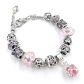 Bracciale a catena serpente d'argento con perline di cristallo rosa e ciondoli a cuore - Rosa