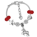 Pulsera de unicornio con cuentas de cristal rojo y colgante de corazón en cadena de plata - 16cm / Rojo