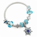 Silver beaded bracelet with blue snowflakes, crystal stars and stretchy metal band - Snowflake Heart Blue Style (2)