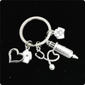 Porte-clés médical argenté avec chapeau d'infirmière, stéthoscope et seringue - Seringue Chapeau d'Infirmière Cœur Stéthoscope Cœur(4#)