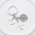 Silver travel keychain with compass, airplane charms and live your dream engraved pendant - Inspirational Plate Compass Airplane Style (7#)