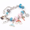 DIY bedelarmband met blauwe zwaan en hartjes aan een zilveren slangenketting sieraad - Blauw Roze Vissenstaart Armband