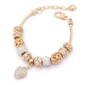 Pulsera de dijes de corazón dorado con cristales brillantes y cuentas huecas en cadena - Estilo De Colgante De Corazón Con Diamantes De Imitación Completos / 19+5cm