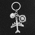 Silver travel keychain featuring airplane, globe, and compass charms on black fabric - Airplane Globe Compass Style (8#)