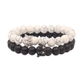Set di bracciali per coppie in marmo bianco e pietre laviche nere opache con corona - Turchese Bianco Color Argento