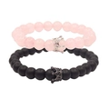 Set di bracciali di coppia con corona in perline rosa e nero opaco di qualità - Quarzo Rosa Argento