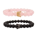 Pärchen Kronen Perlenarmbänder Set mit rosa und schwarzen matten Steinen und Kristallen - Rosenquarz Gold