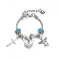 Pulsera de cuentas plateada con cruz, ángel y colgante de corazón de Primera Comunión - 19+5cm-Cuenta Azul