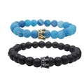 Kronen-Perlenarmband-Set mit mattschwarzen Steinen und blauen Crinkle-Perlen für Paare - Blauer Verwitterter Stein Gold