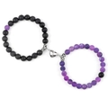 Vulkangestein Magnet-Herz Armband-Set für Paare mit lila Perlen und elastischem Band - Lila Verwitterter Lavastein