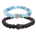 Pärchen-Kronenarmband-Set mit hellblauen Achat- und mattschwarzen Lavasteinperlen - Blauer Verwitterter Stein Roségold
