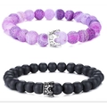 Set aus zwei Perlenarmbändern mit lila Crackle-Perlen, mattschwarzem Stein und Kronen - Lila Verwitterter Stein Silber