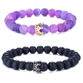 Kronen-Armband-Set mit violetten Perlen und mattschwarzen Vulkanstein-Perlen für Paare - Lila Verwitterter Stein Gold