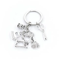 Silver sewing machine keychain with scissors, iron and spool charms on white background - Sewing Machine Scissors Iron Spool Yarn Ball (2#) / Silver - Five Pendants Style (2#)
