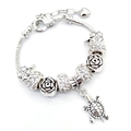 Silver snake chain bracelet with sea turtle pendant, rose and clover charms - Rose Clover Sea Turtle Style (1#) / Pink