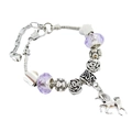Pulsera de dijes de unicornio con cuentas de cristal moradas y cadena de serpiente plata - Talla Uno / Púrpura