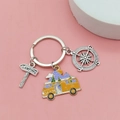 Outdoor camping keychain with yellow RV camper, silver camping sign and compass pendant - Key Ring Style