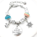 Pulsera de unicornio DIY con cuentas de vidrio azul y colgante she believed she could - 18+5cm / Azul Oscuro Copo De Nieve Elefante (LQ-9902#)