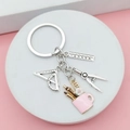 Creatieve metalen sleutelhanger met zilveren liniaal, passer en roze pennenbakje-bedeltje - Roze Penhouder Stijl