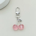 Detailed macro view of pink acrylic cherry keychain with silver metal clasp and leaf - D-Clasp / Silver Leaf Pink