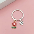 Detail of floral enamel charm and Thank You engraved heart pendant on keychain - Red Small Flower